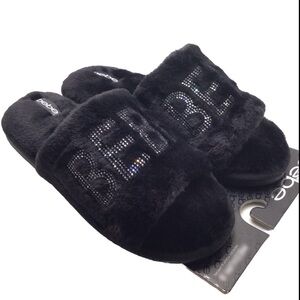 Bebe Women’s Black Rhinestone Faux Fur Memory Foam Indoor/Outdoor Slippers